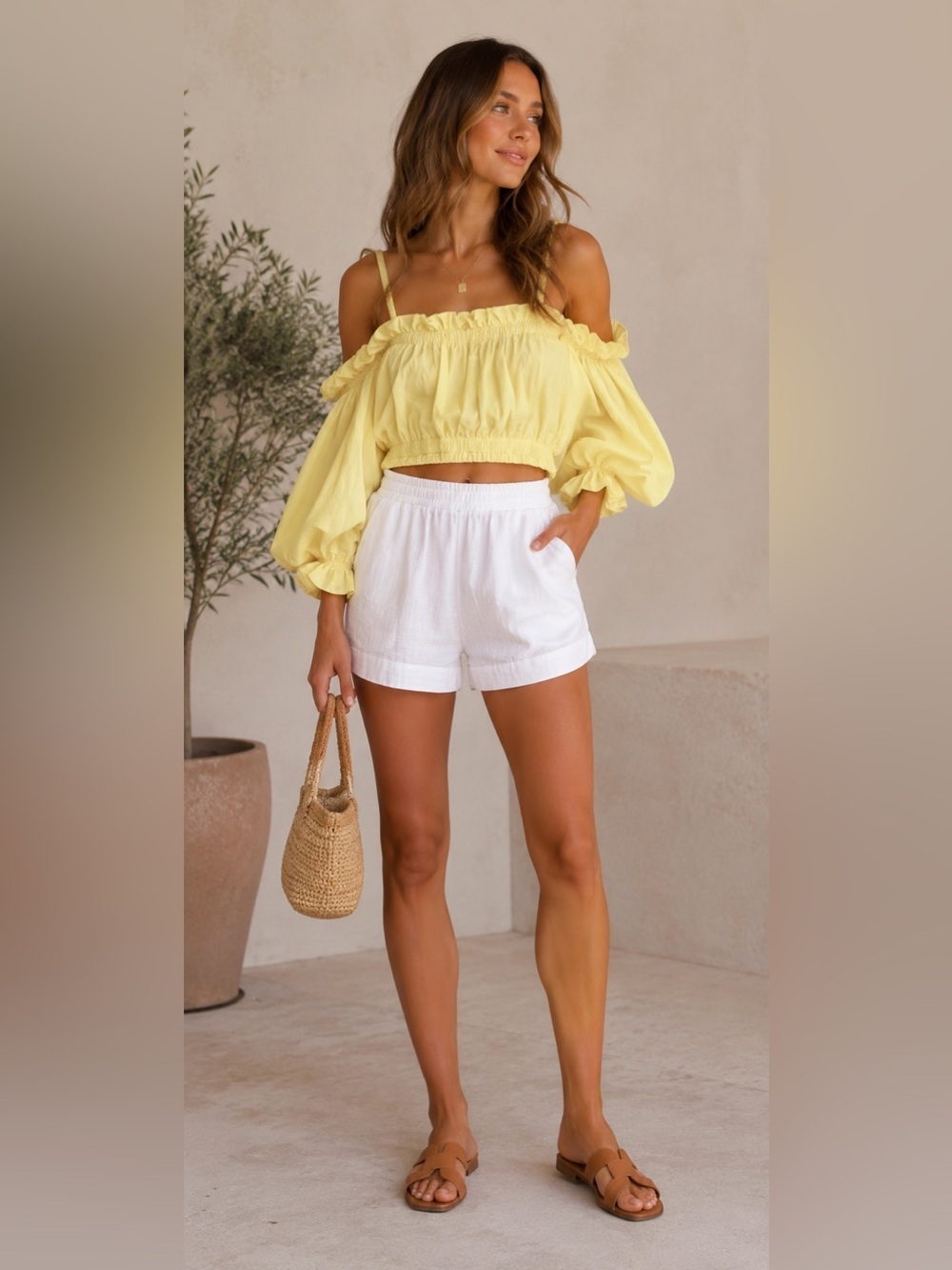 Yellow Off-Shoulder Puff Sleeve Crop Top